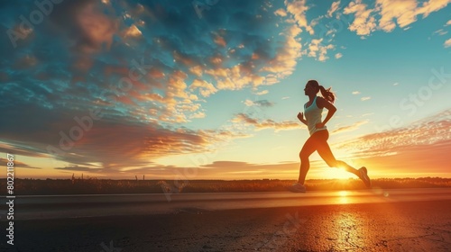 A motion-blurred female runner sprints energetically across a road under a dramatic sunrise sky  illustrating themes of speed and agility