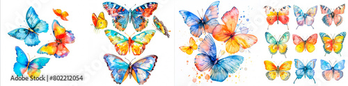 4 photos. Beautiful watercolor butterflies of various bright colors. Ideal for creating stunning designs and decorations. Ideal for adding a touch of whimsy to any project or space. © Sasha