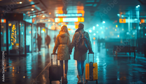 Couple strolling through airport stores. Couple returning from a trip at the airport.