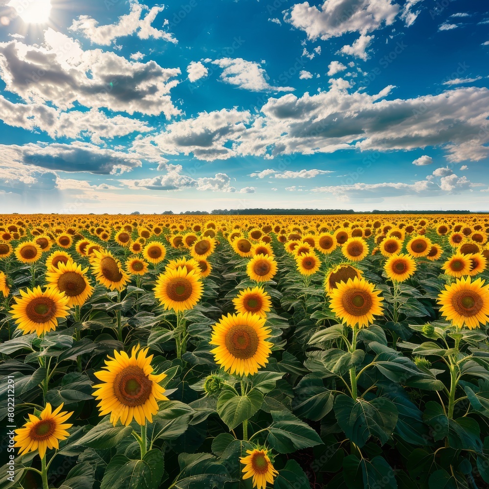 Fototapeta premium Sunflower Field Landscape, Panoramic Sun Flowers Farm, Sunflowers Wow Landscape