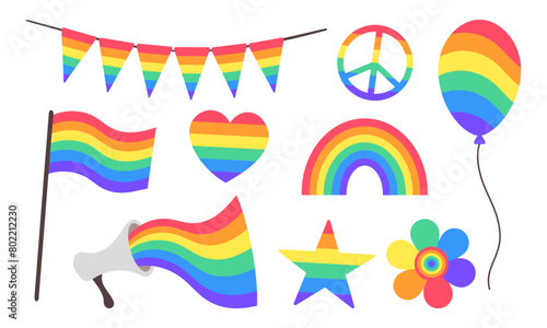 LGBTQ+ Pride month Symbols icons elements set. Vector flat illustration for poster, card, wallpaper, poster, banner, packaging.
