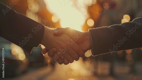 Confident business man shaking hands during a meeting in the office, success, dealing, greeting and partner in sun light