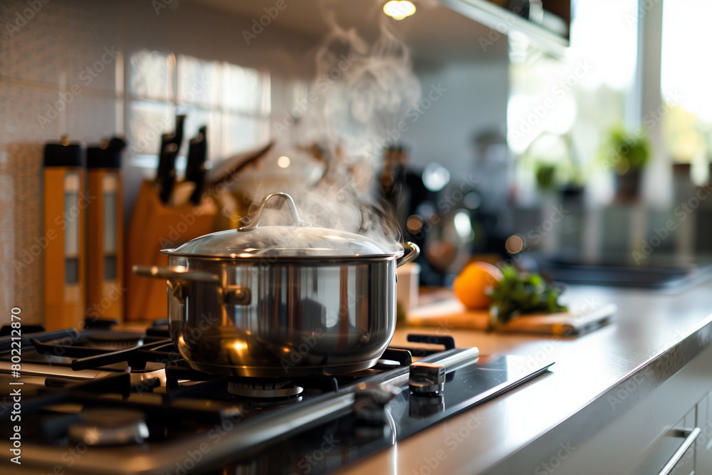 an open kitchen where food is cooked on the stove in a saucepan from which steam is coming an open kitchen where food is cooked on the stove in a saucepan from which steam is coming