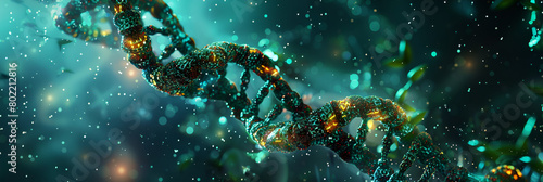 Bionantechnology, digital illustration of glowing DNA strand , base pairs, DNA Damage, surgical lighting, genome, gene mutation 