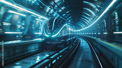 A transparent subway train speeding through tunnels, guided by AI for efficiency
