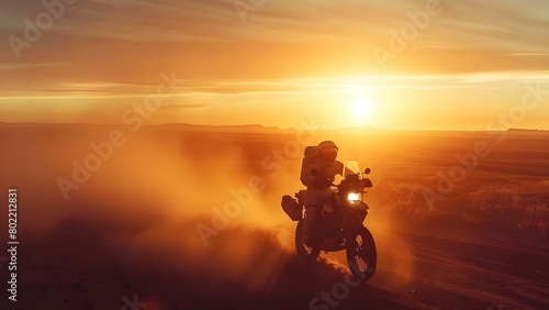 Astronauts journeying through desert at sunrise in captivating image. Concept Space Exploration, Desert Landscapes, Sunrise Imagery, Astronauts, Captivating Photos