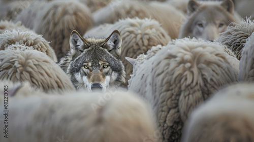 A lone wolf peers through a flock of sheep a metaphor for disguise and identity ai generative