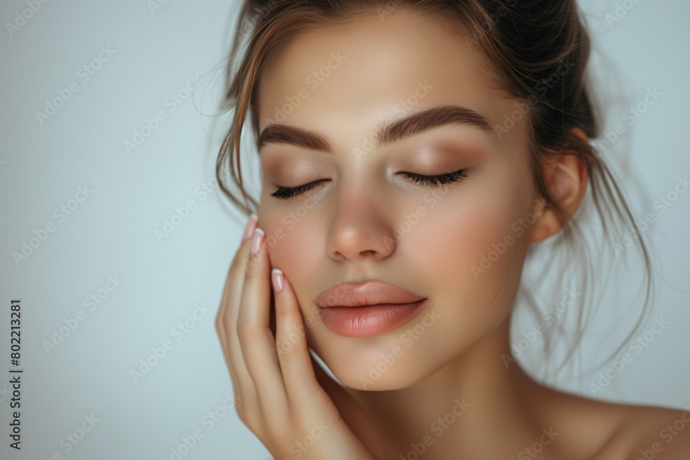 Portrait of Woman with Radiant Skin on White Background