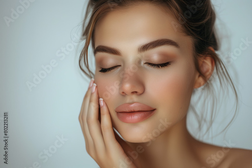 Portrait of Woman with Radiant Skin on White Background