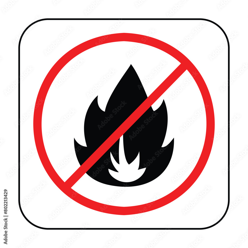No fire allowed icon with red cross illustration sign isolated on square white background. Simple flat poster drawing for prints. No fire allowed icon with red cross illustration sign isolated on square white background. Simple flat poster drawing for prints.
