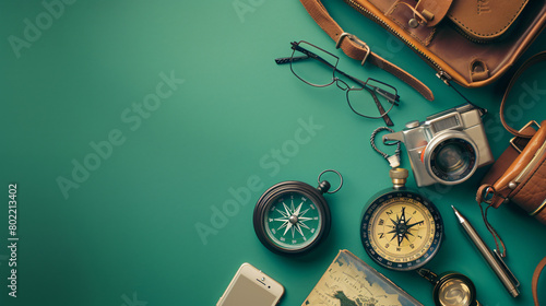 Compass with traveler accessories on green background photo