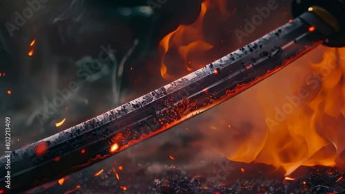 A samurai sword on fire with sparks flying off of it photo