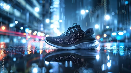Sleek black and silver running shoes displayed on a reflective urban sidewalk under city lights showcasing modern design and technology.