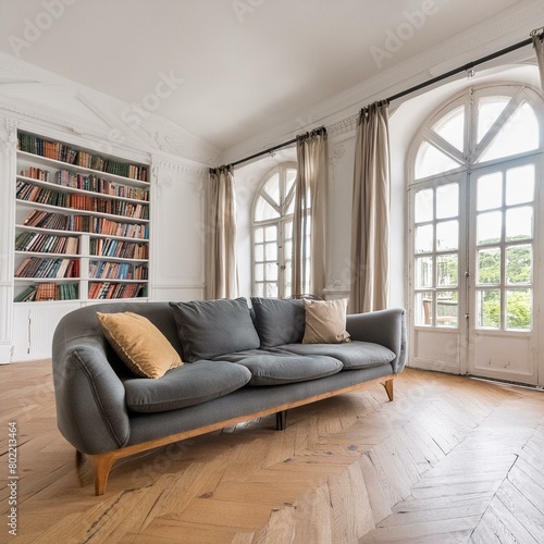 Parisian minimalist interior design of modern living room, home. Sofa and bookcase on parquet floor against french windows in room with white classic paneling walls