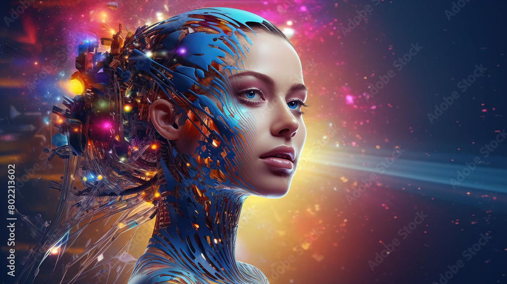 ight colorful humanoid robot girl with wires on her face on a colorful background with space for text
ight colorful humanoid robot girl with wires on her face on a colorful background with space for text