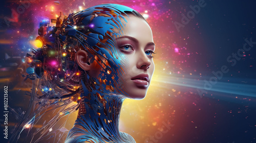 ight colorful humanoid robot girl with wires on her face on a colorful background with space for text 