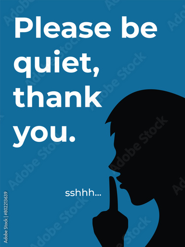 Please be quiet poster sign banner silhouette illustration isolated on vertical blue background. Simple flat whisper poster drawing for prints.