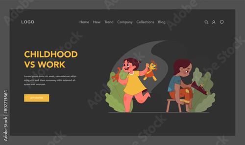 Childhood vs work contrast. Flat vector illustration