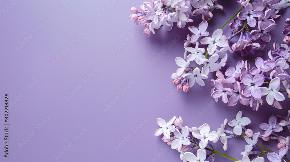 Composition with beautiful flowers on lilac background
