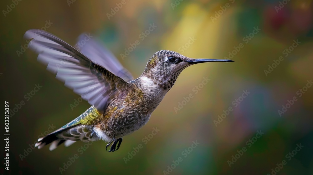Naklejka premium A hummingbird flying through the air with its wings spread wide