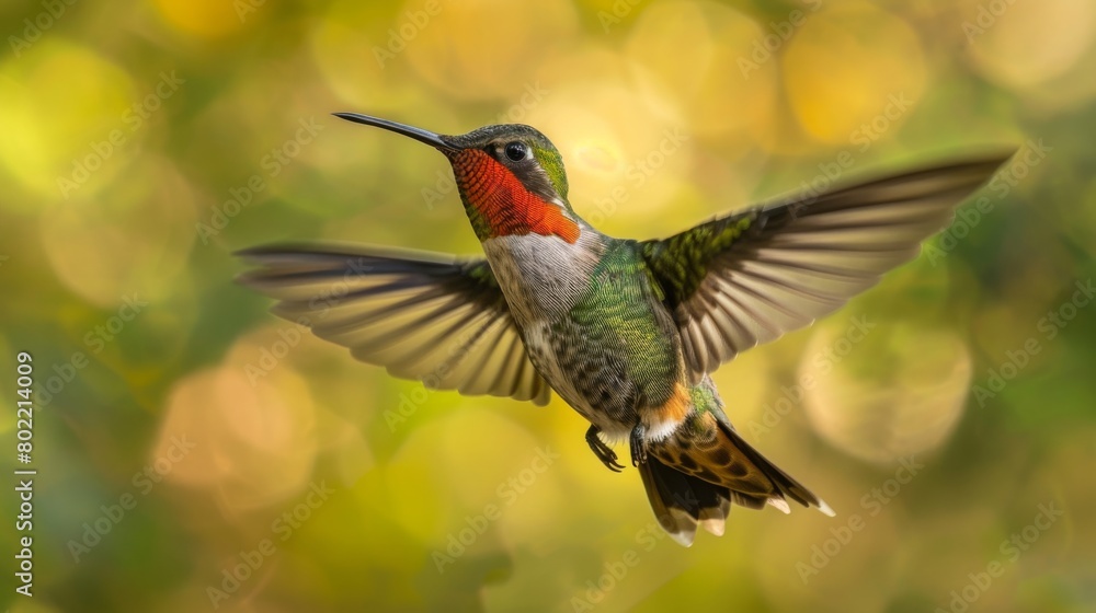 Fototapeta premium A hummingbird flying in the air with its wings spread wide