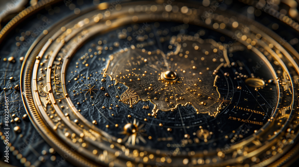 A golden celestial map depicting stars and constellations in intricate detail