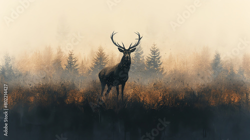 A beautiful painting of a deer standing in a foggy forest. The deer is the main focus of the image, and the forest is in the background. The colors are muted and the overall effect is one of peace and photo