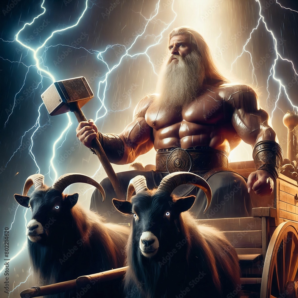 The great Nordic god Thor with his chariot, goats and his hammer ...