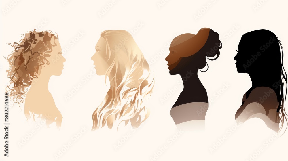 Elegant Female Profile Silhouettes in Various Skin Tones on Isolated Backgrounds - Beauty Concept Illustrations of Women in Vector Art