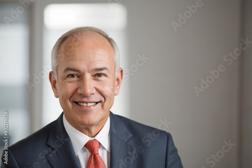 American senior businessman smiling modern office with copy space.