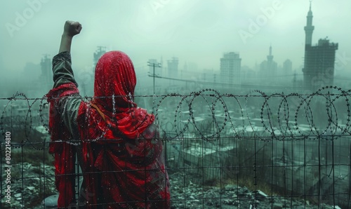 Masked woman holding barbed wire on rooftop, wearing red coat, opposition and resistance to tyranny against oppression concept, firm eyes, full of strength，Courageous Woman Defying Oppression: Empower photo