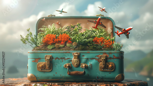 A blue suitcase full of overgrown plants and flowers with small airplanes flying around photo