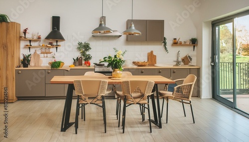 Modern minimalist interior design of kitchen with island  dining table and chairs.