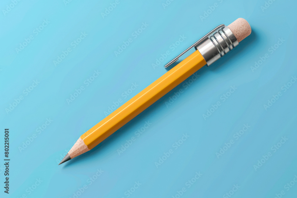 Yellow wooden pencil with rubber eraser. Sharpened detailed office mockup. Yellow wooden pencil with rubber eraser. Sharpened detailed office mockup.
