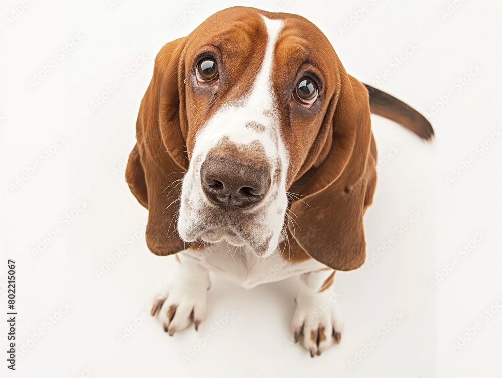 Close-up of a basset hound with soulful eyes looking directly at the camera on a white background.