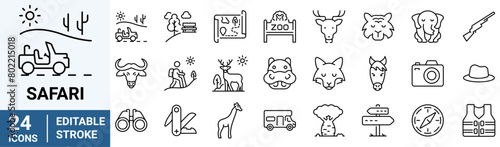 safari line web icons. African Animals, ecotourism activities. national parks. Editable stroke.