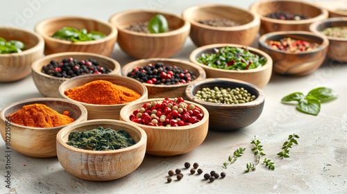Composition with bowls of fresh aromatic spices