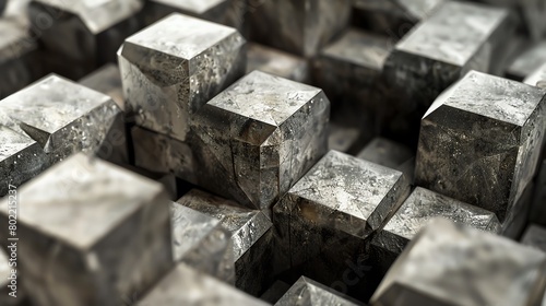 Architectural abstract of cubic metal blocks in a mosaic, reflecting industrial design and precision.