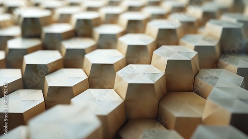 Hexagonal wooden blocks arranged in a staggered pattern. photo
