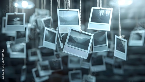 Cluster of Polaroid photos hanging from a string. Concept Vintage Decor  Creative Display  Wall Art  Nostalgic Memories