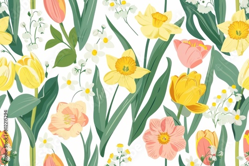 Spring Flowers Tulips and Daffodils Seamless Pattern on White Background for Fabric and Wallpaper Design