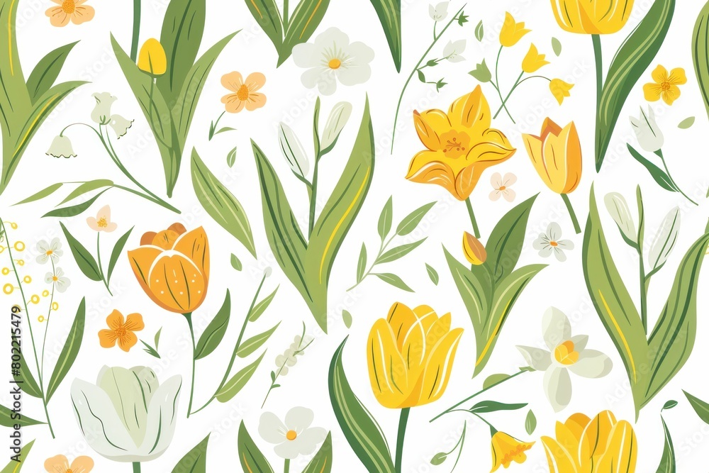 Springtime Blooming Tulips and Daffodils Seamless Floral Pattern on White Background