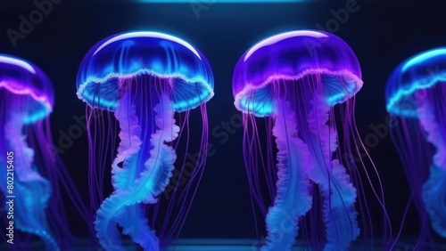 A group of jellyfish with neon blue and purple neon colors. The jellyfish are floating in the water deep at the ocean.Marine life background concept. © Julija AI