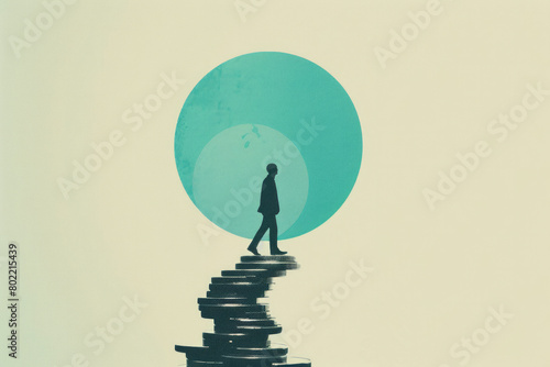 An illustration of a man walking on a pile of coins. Money and finance concept photo