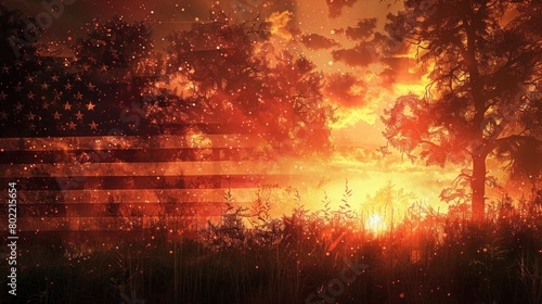 US Flag and Sunset Blend: Veterans Day Background - Digital Illustration © hisilly