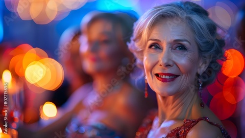 Elderly women happily capturing moments at elegant event to commemorate accomplishments. Concept Elderly Women, Elegant Event, Accomplishments, Capturing Moments, Memorable Occasions