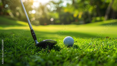 Golf ball and driver on the tee with a blurred background of a grassy field and trees on a sunny day, copy space for text or logo.