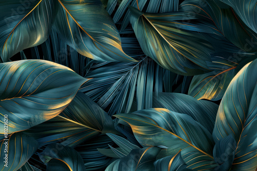 Tropical leaves wall art design with dark blue and green color  shiny golden light texture.