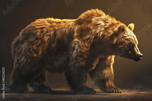 Craft a realistic 3D CG rendering of a majestic bear in a side profile Reflect intricate fur texture, capturing every detail on its powerful silhouette Set against a dramatic background for visual imp