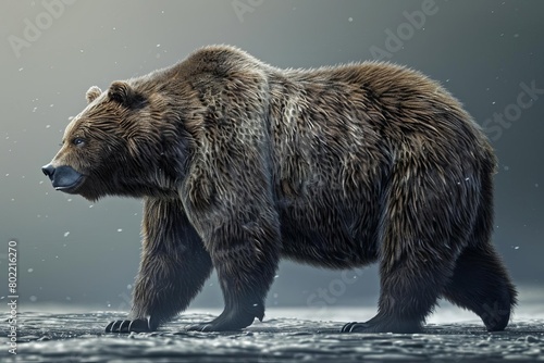Craft a realistic 3D CG rendering of a majestic bear in a side profile Reflect intricate fur texture, capturing every detail on its powerful silhouette Set against a dramatic background for visual imp